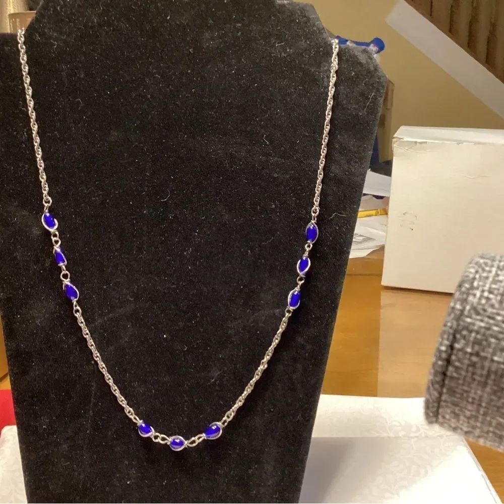 Silvertone and Dark Blue Bead Necklace